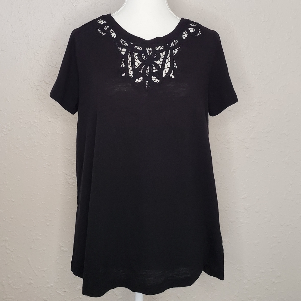 Soft Surroundings Black Short Sleeve Top with Lace Accent